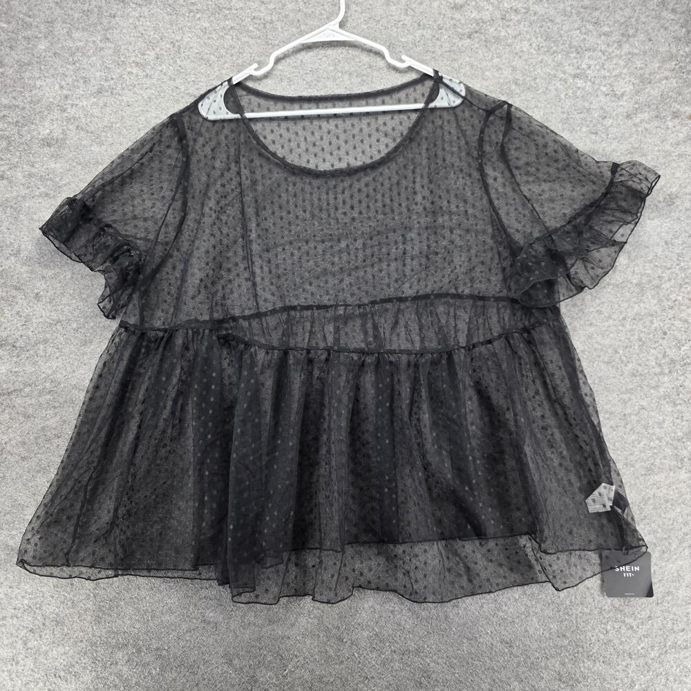SHEIN FIT+ Blouse Womens US 28/30 Black Tunic Polka Dot Sheer Ruffle Mesh